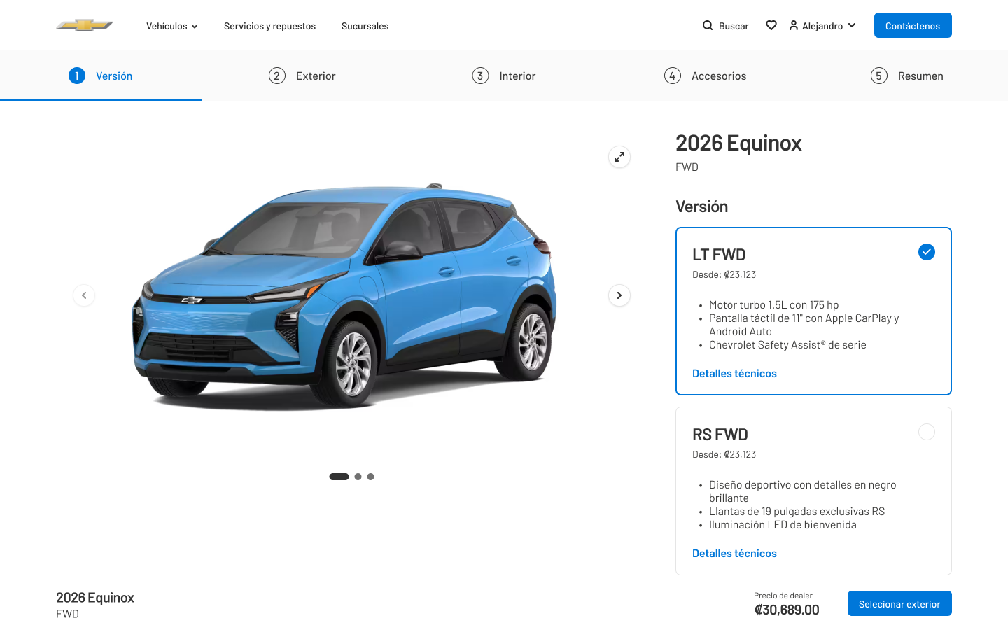 Step one of the configurator: choosing a version, with specifications and price beside the vehicle