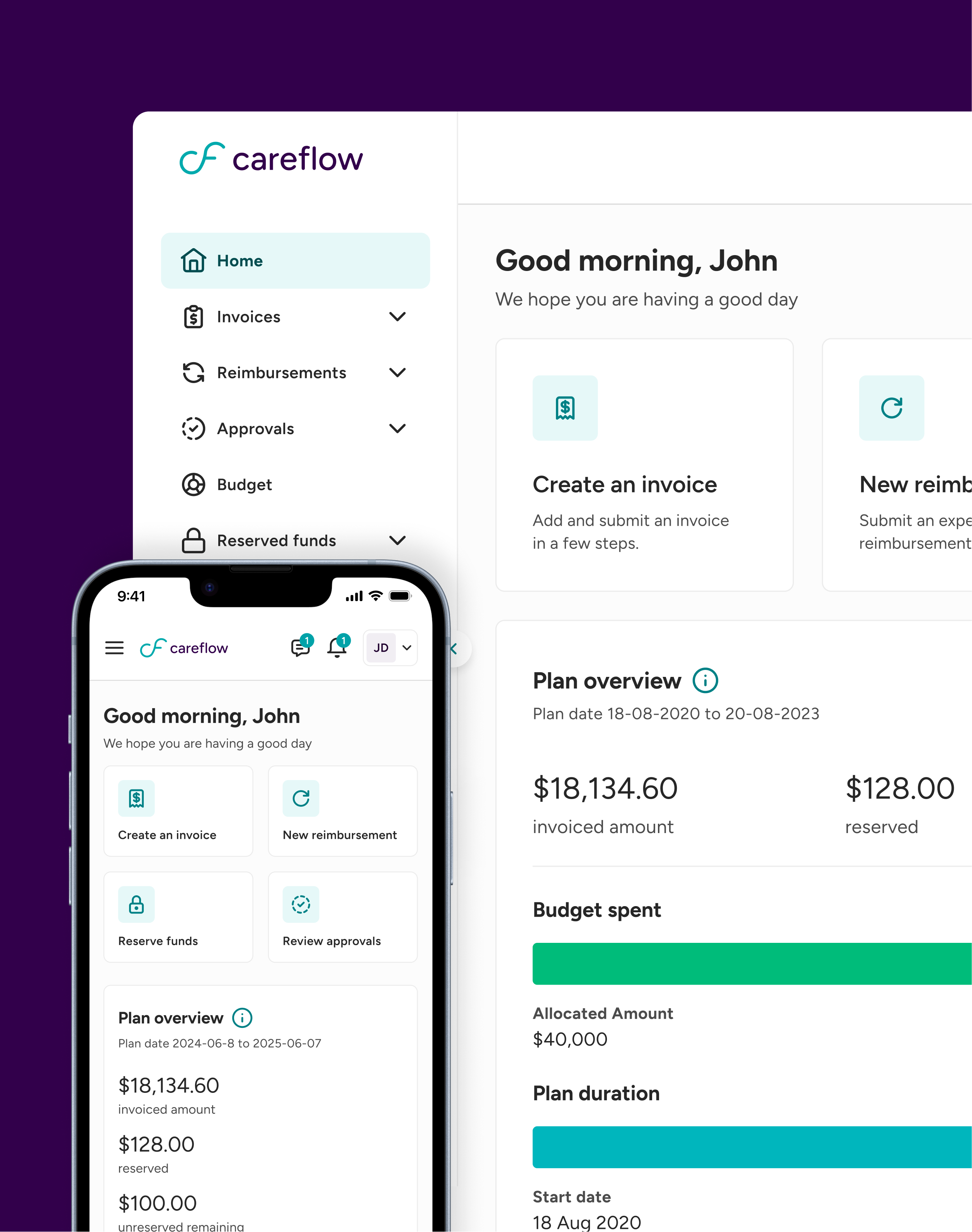 CareFlow care-plan management portal shown across desktop and mobile screens