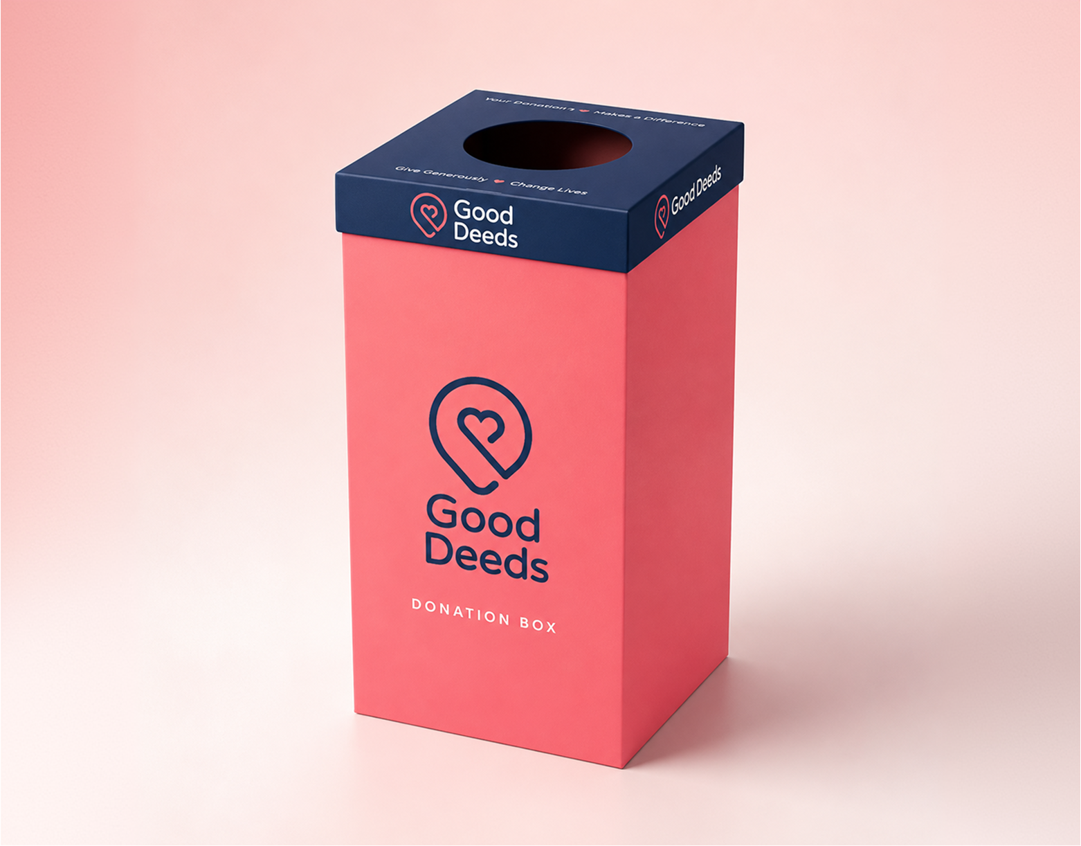 Good Deeds branding applied to a donation box