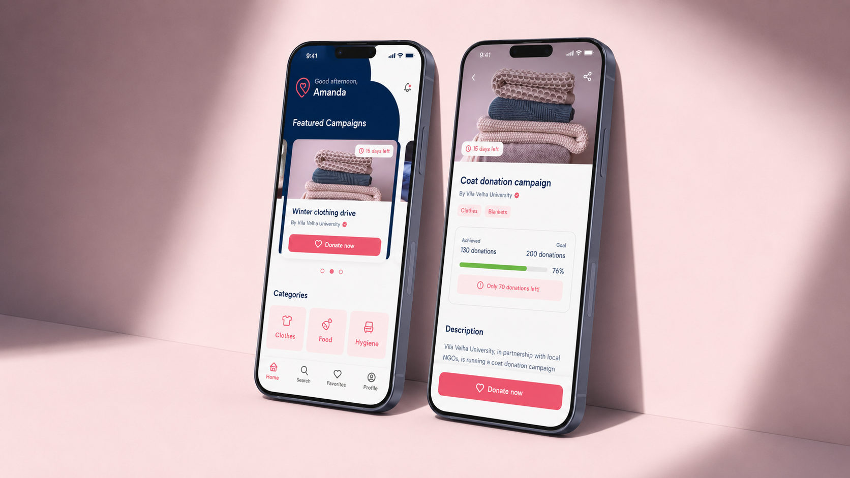 Good Deeds home and search screens shown on two phones