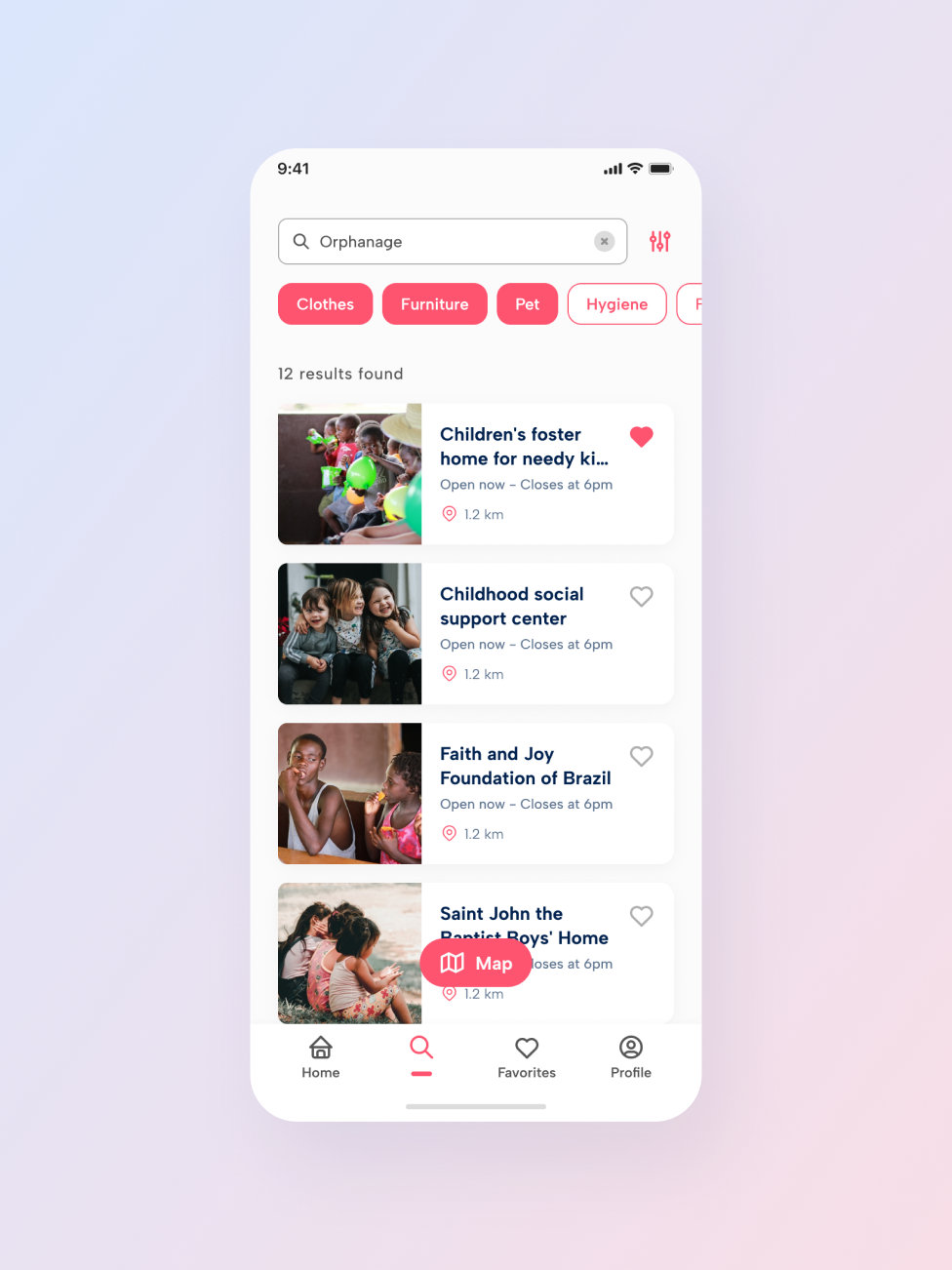Good Deeds search screen showing nearby drives as a list