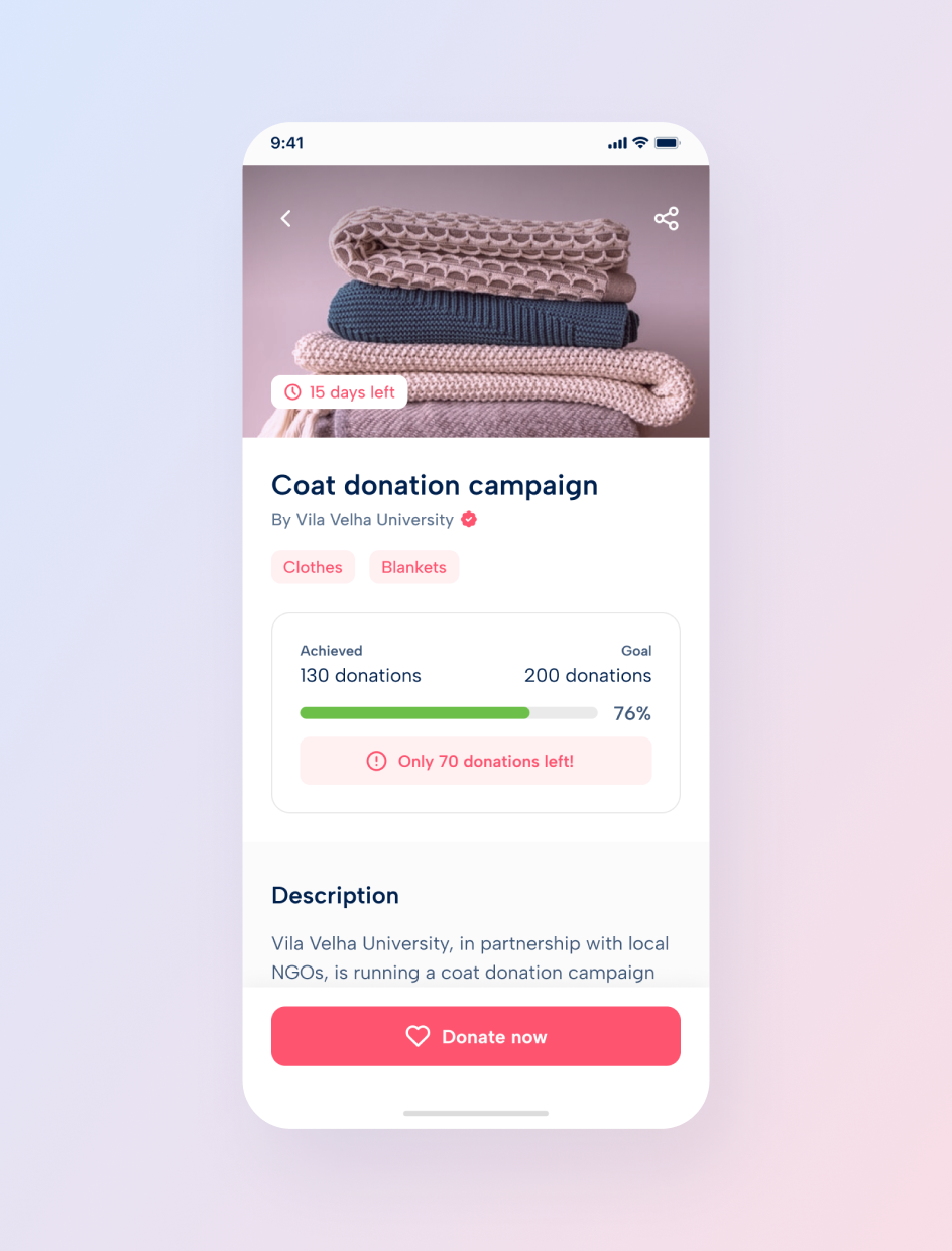 Good Deeds campaign detail screen with the Donate now flow